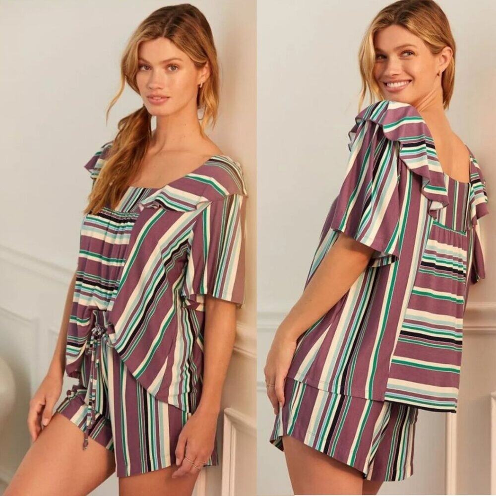 NWT Porridge Anthropologie Purple Stripes Ruffled Lounge Set, Sz M